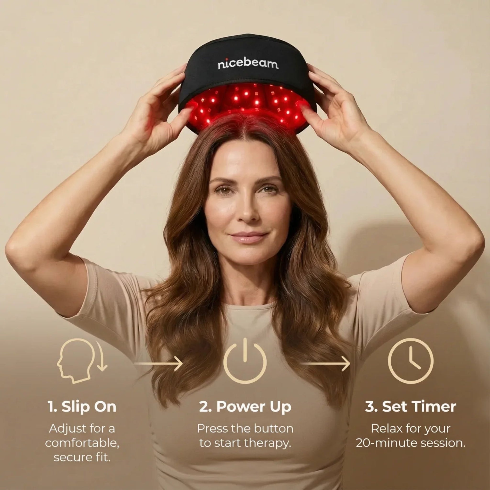 Woman wearing a red light therapy cap with 'nicebeam' branding on a beige background.