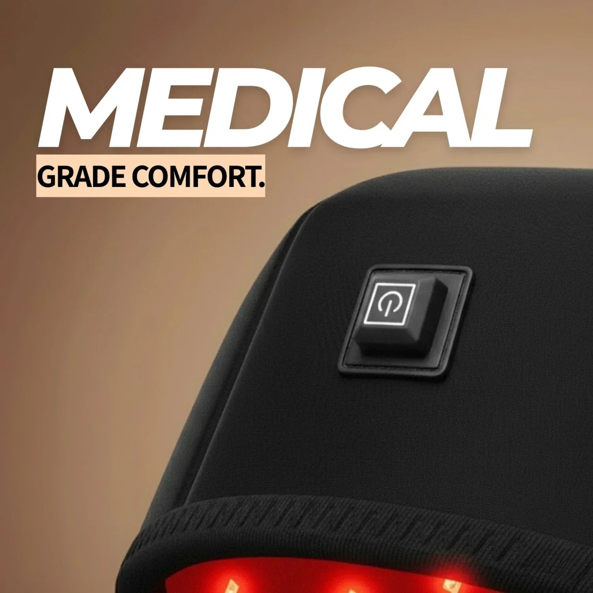 Black electronic device with a power symbol on a brown background, featuring the text 'MEDICAL GRADE COMFORT'.