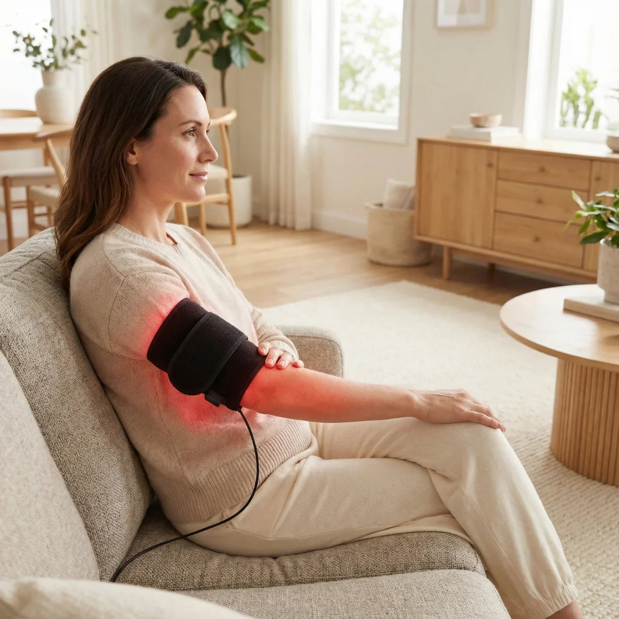 Woman using a red light wrap on her arm in a living room.