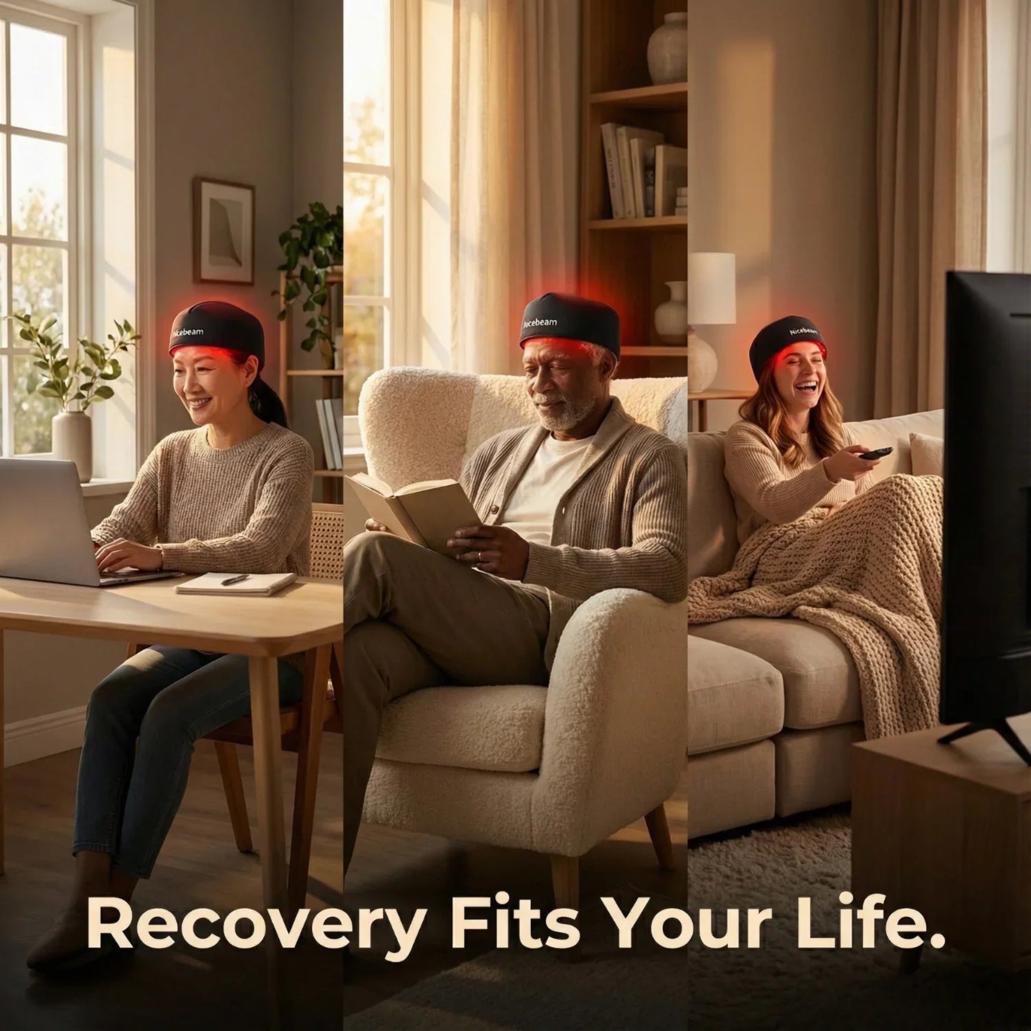 Three people wearing Nicebeam hats in a living room with text 'Recovery Fits Your Life'.