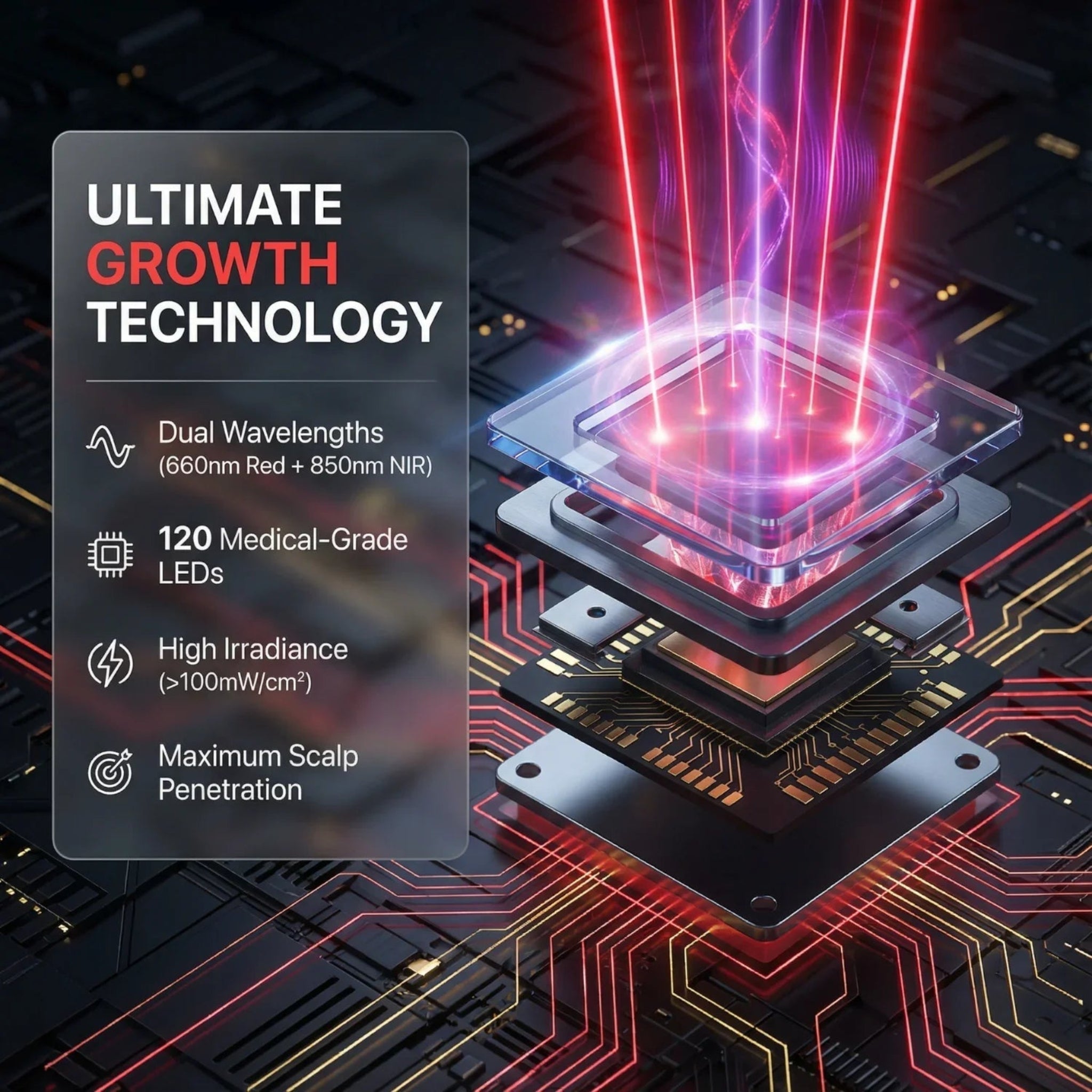 High-tech device with red and pink light on a dark background, featuring text about 'Ultimate Growth Technology'.
