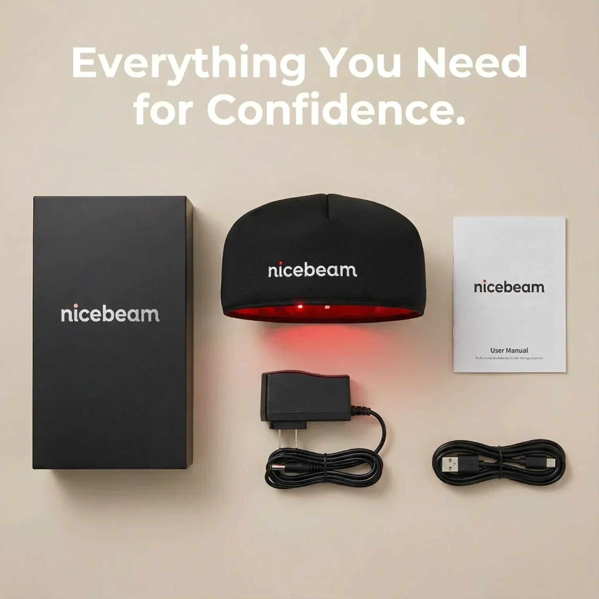 Nicebeam product set including device, box, user manual, and cables on a beige background.