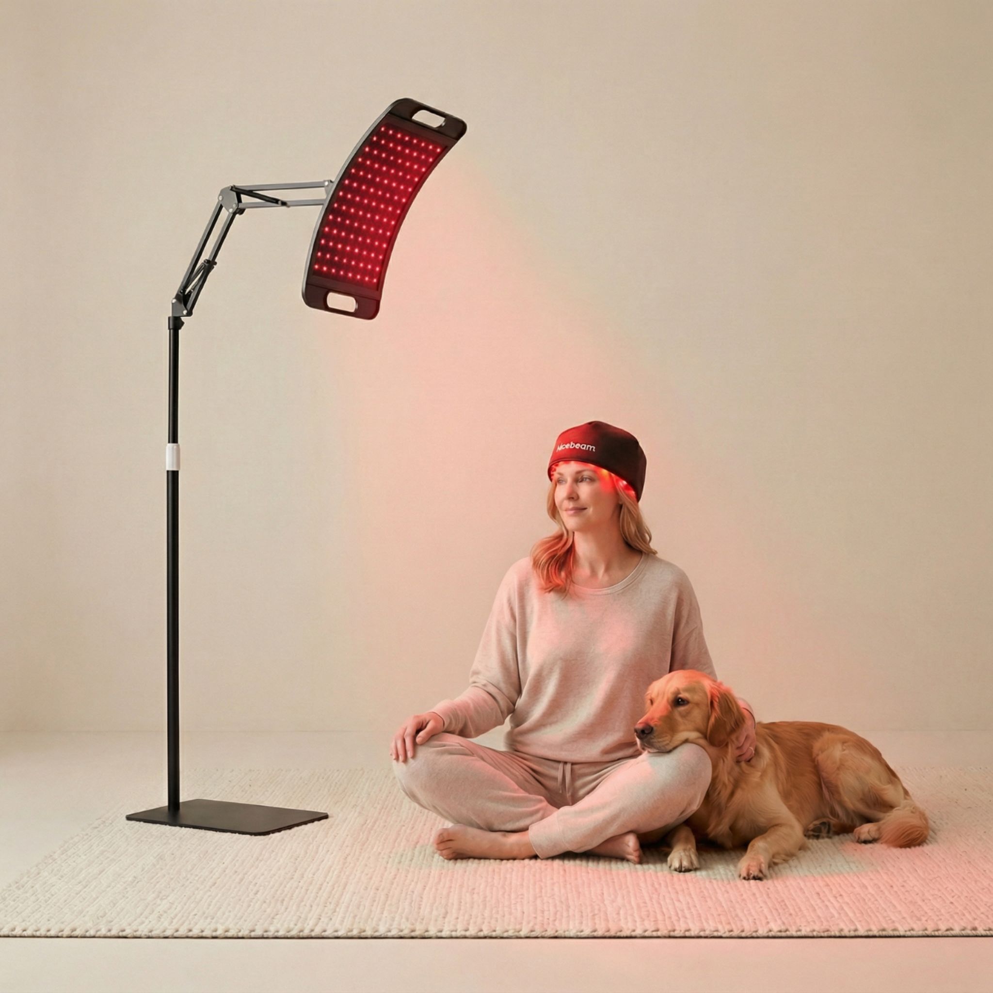 Nicebeam Sleep Recovery Lamp Bundle featuring a woman and her dog enjoying red light therapy at home.