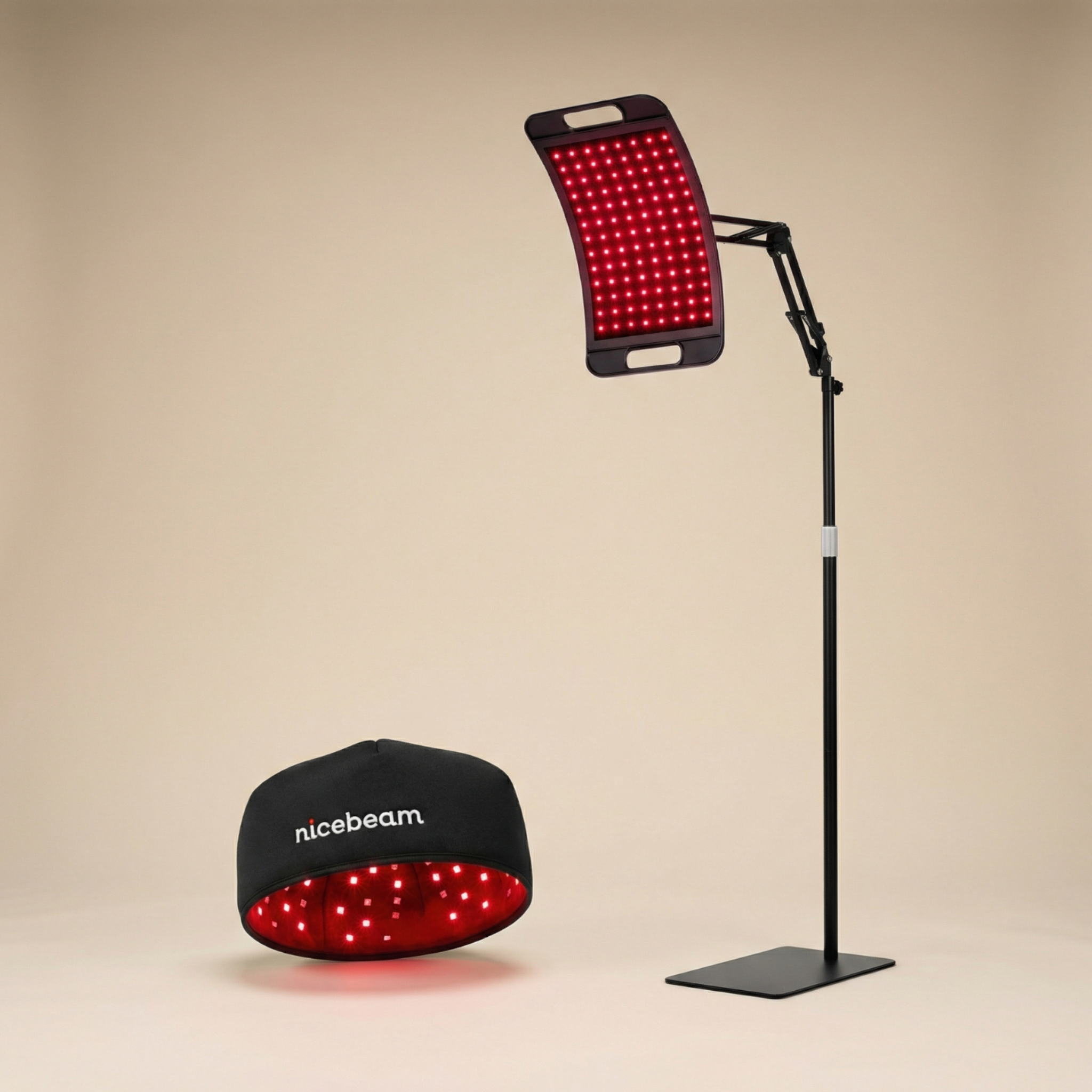 Nicebeam Sleep Recovery Lamp Bundle featuring red light therapy lamp and hat for at-home wellness.