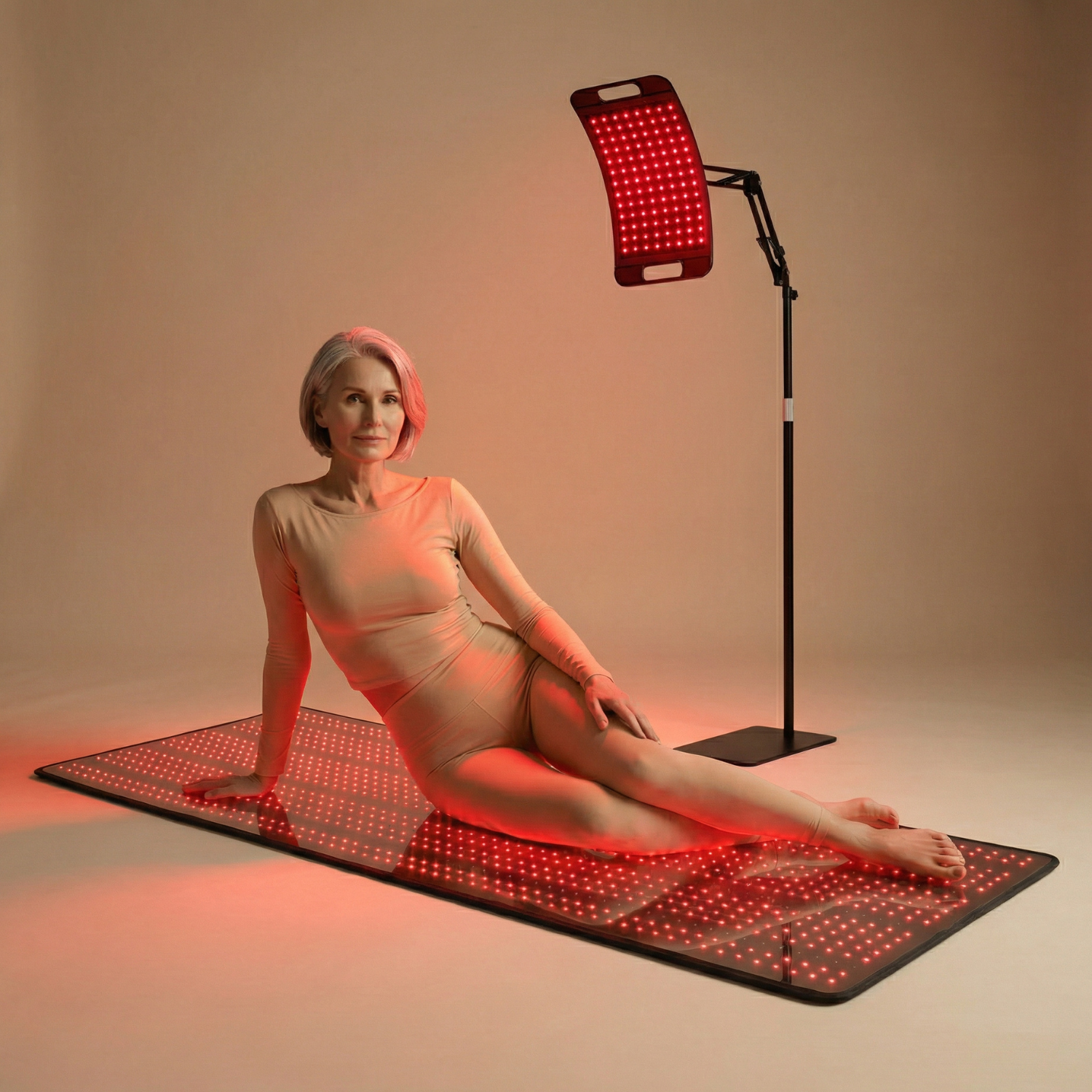 Nicebeam Sleep Recovery Lamp Bundle with red light therapy mat and adjustable lamp, promoting wellness and recovery.