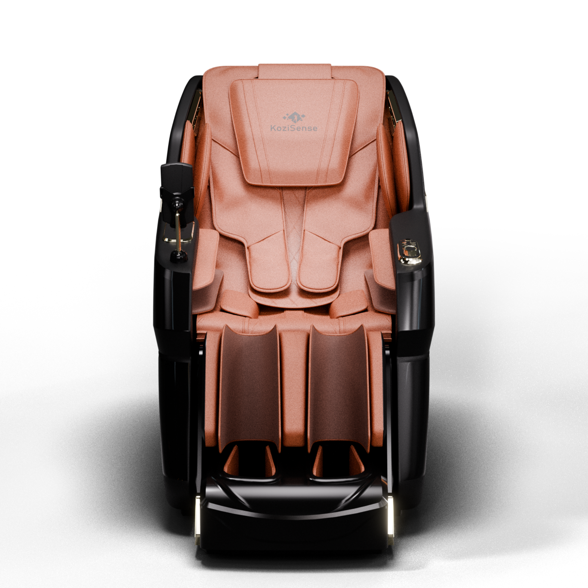 "KoziSense KZ605 4D luxury massage chair in brown with SL-track, zero gravity recline, and LED ambient lighting."