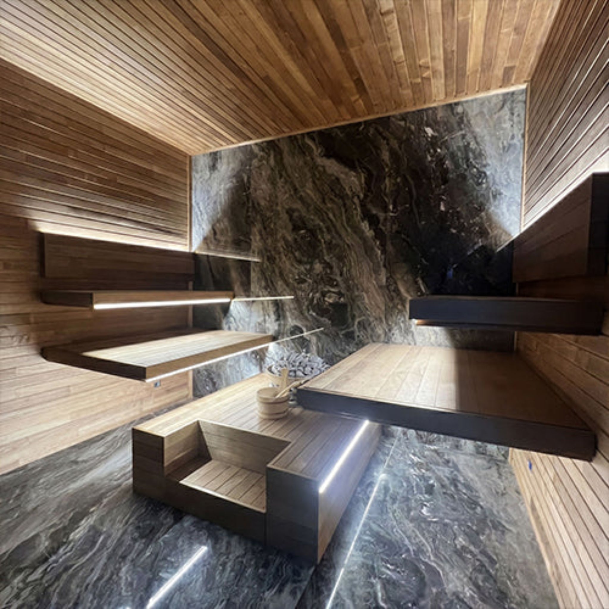 Prosaunas led light shown in a modern sauna