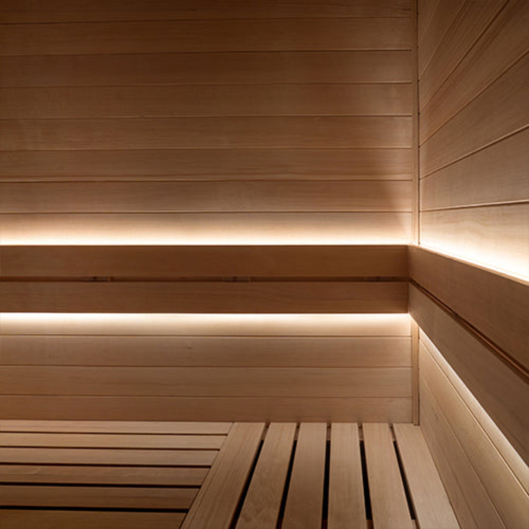  Wooden sauna interior with illuminated Prosaunas led light