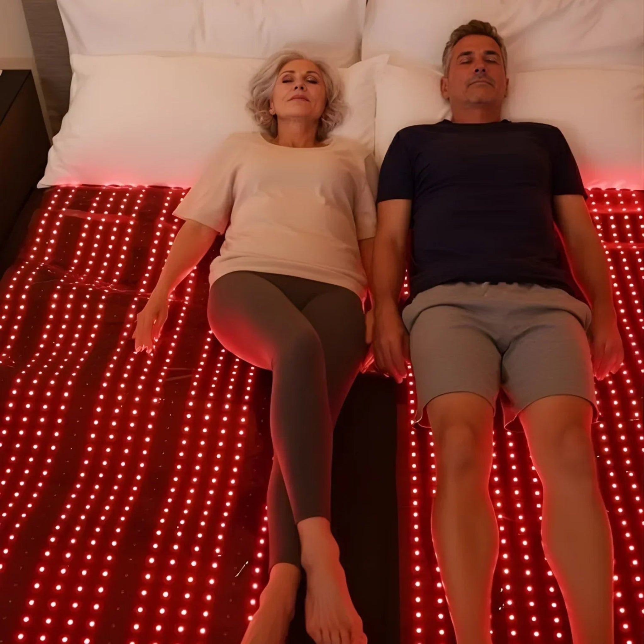 Two people lying on a bed with a Nicebeam red light therapy bag opened up underneath them.
