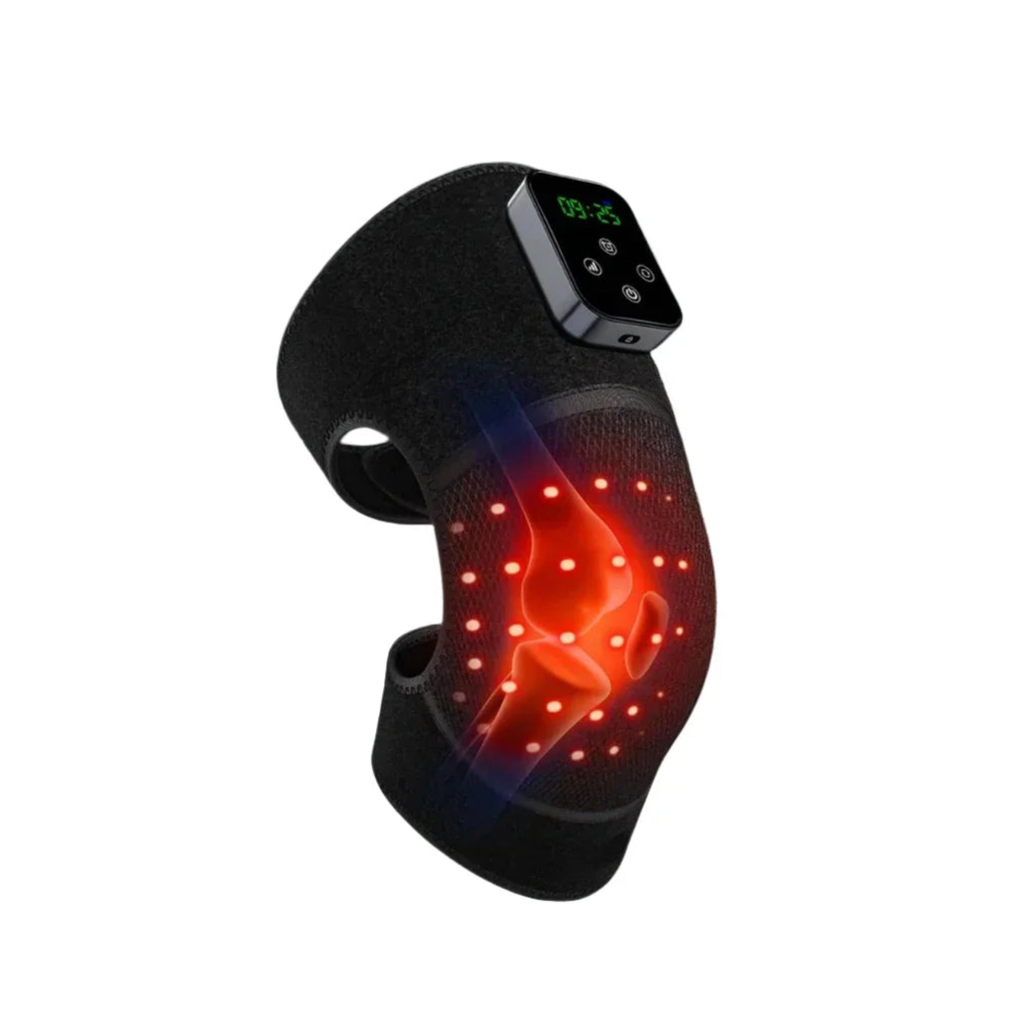 Black knee wrap with digital display and red light therapy on a white background