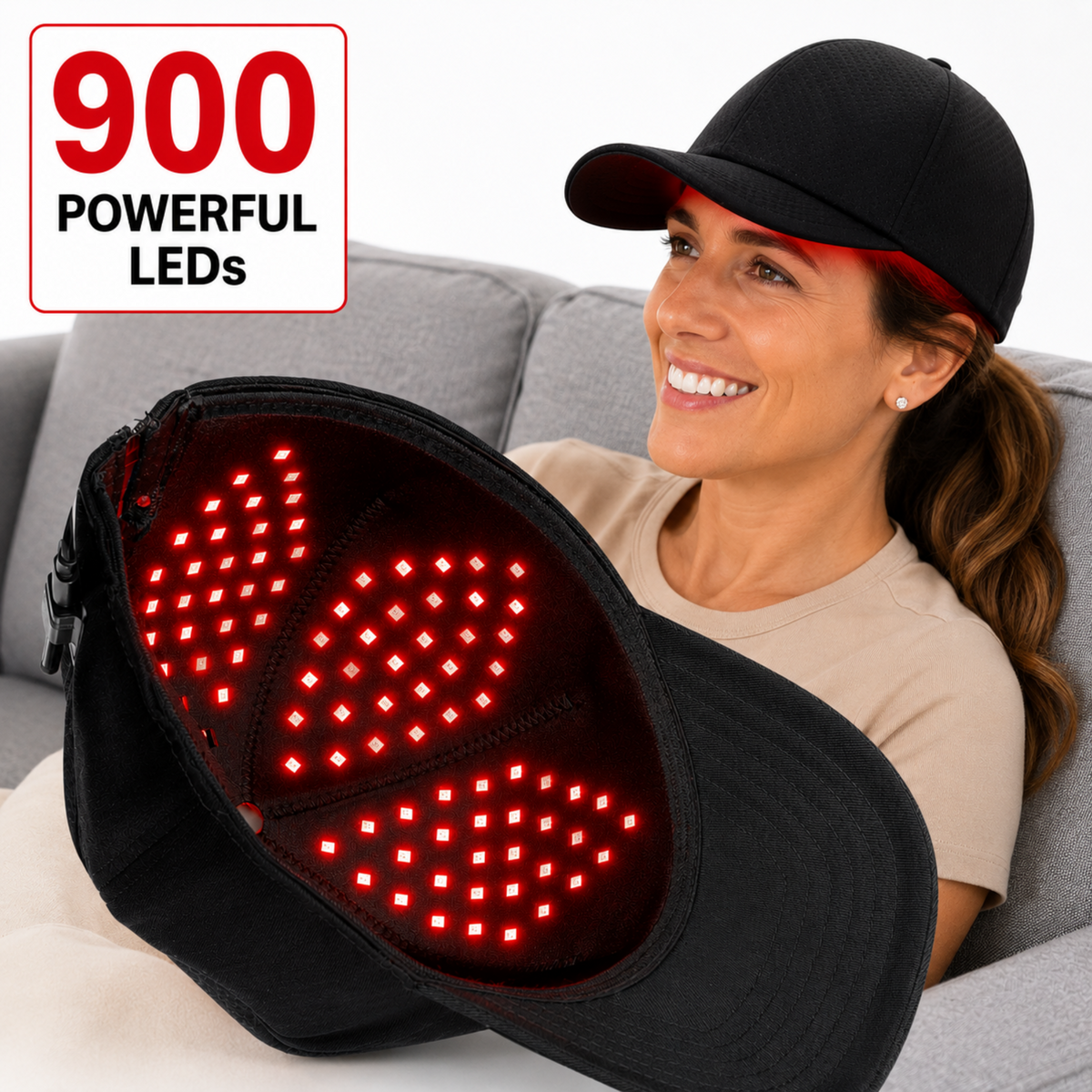 Woman wearing the Red Light Pro Devices Red Light Therapy Hat during a session.