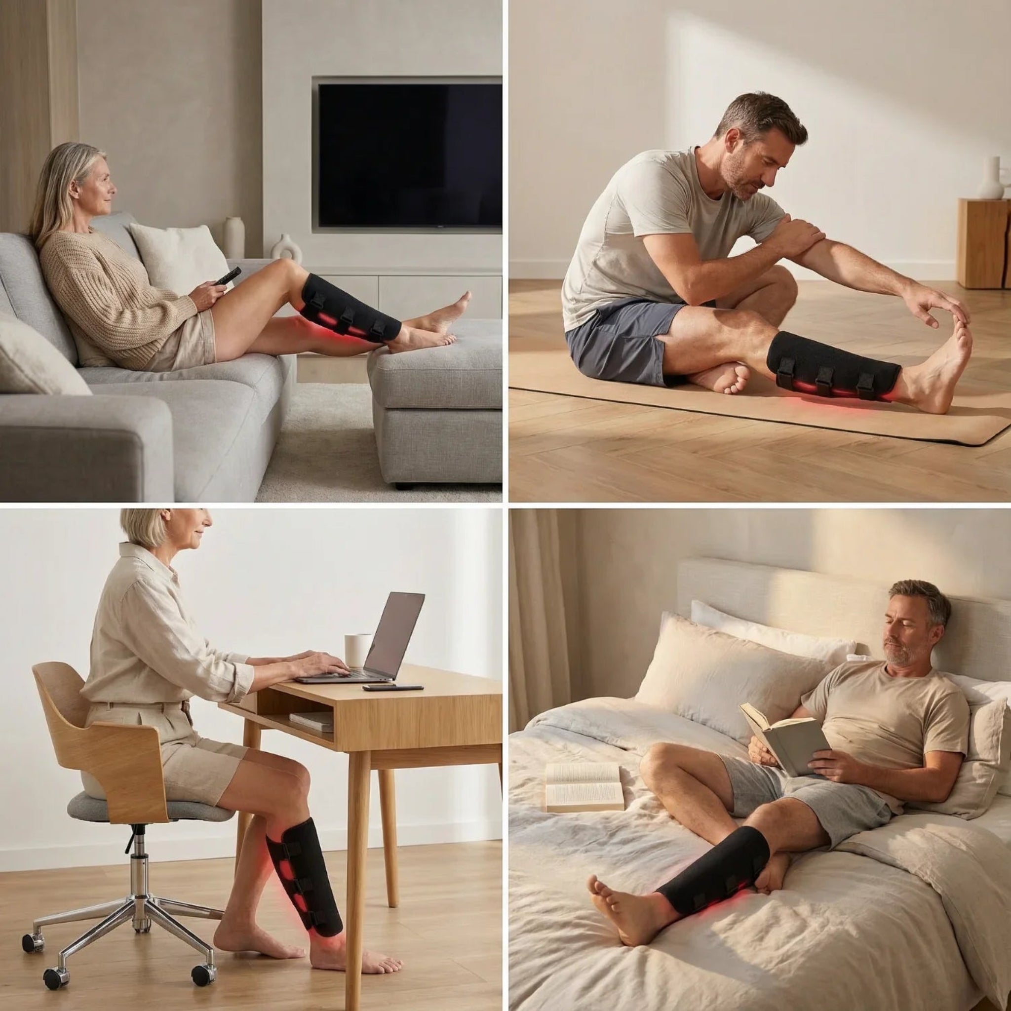 Collage of a person using Nicebeam leg red light therapy wrap on their leg in various settings.