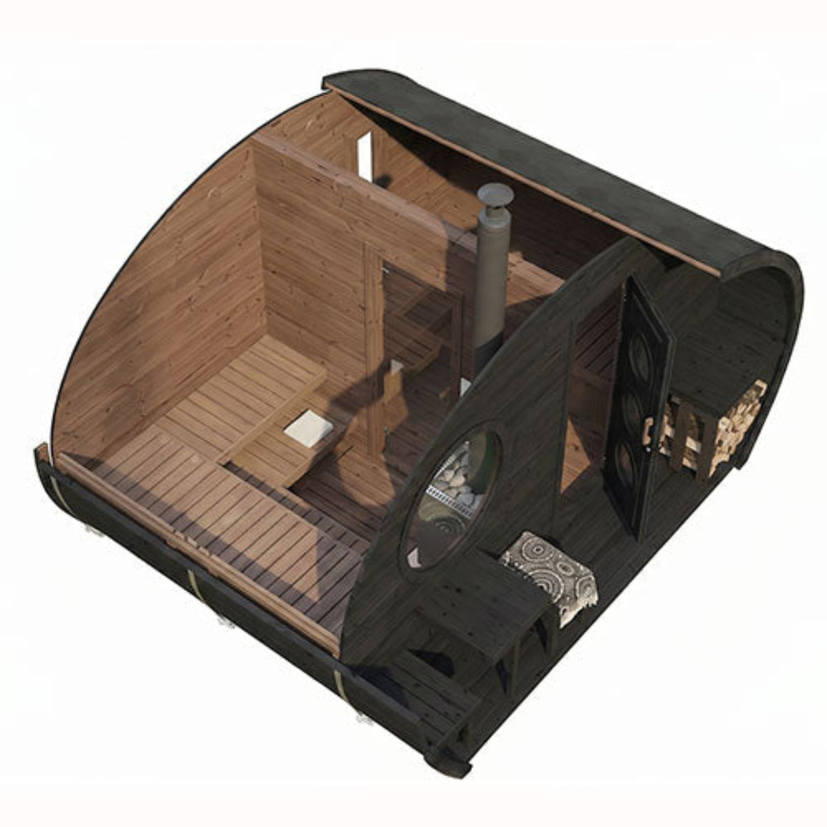 A 3D render of SaunaLife G11B outdoor garden sauna suite cabin with a dark exterior, light wood interior walls and floor, a central chimney pipe, and a small decorative bench on the side.
