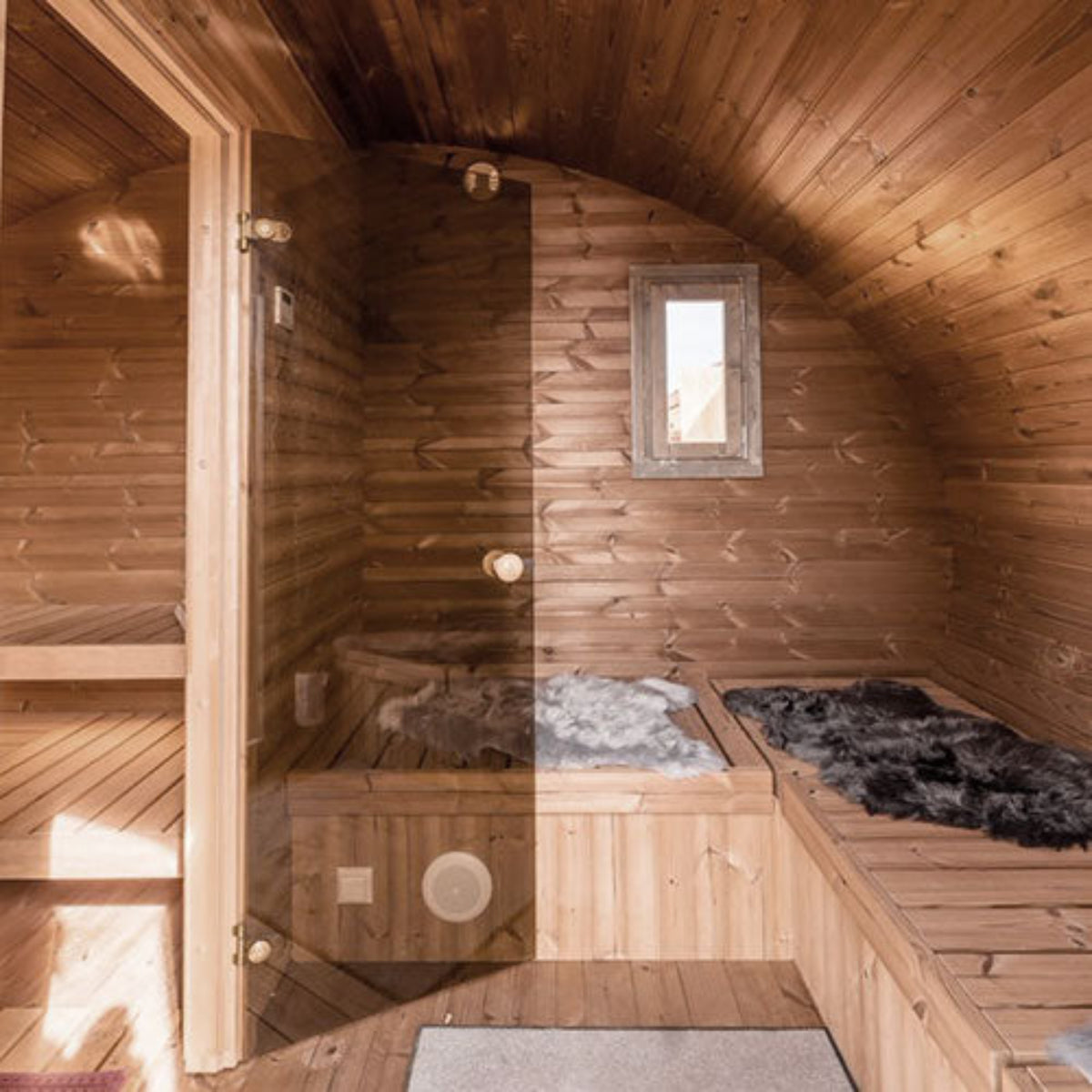 SaunaLife G11B outdoor garden sauna suite interior view of benches