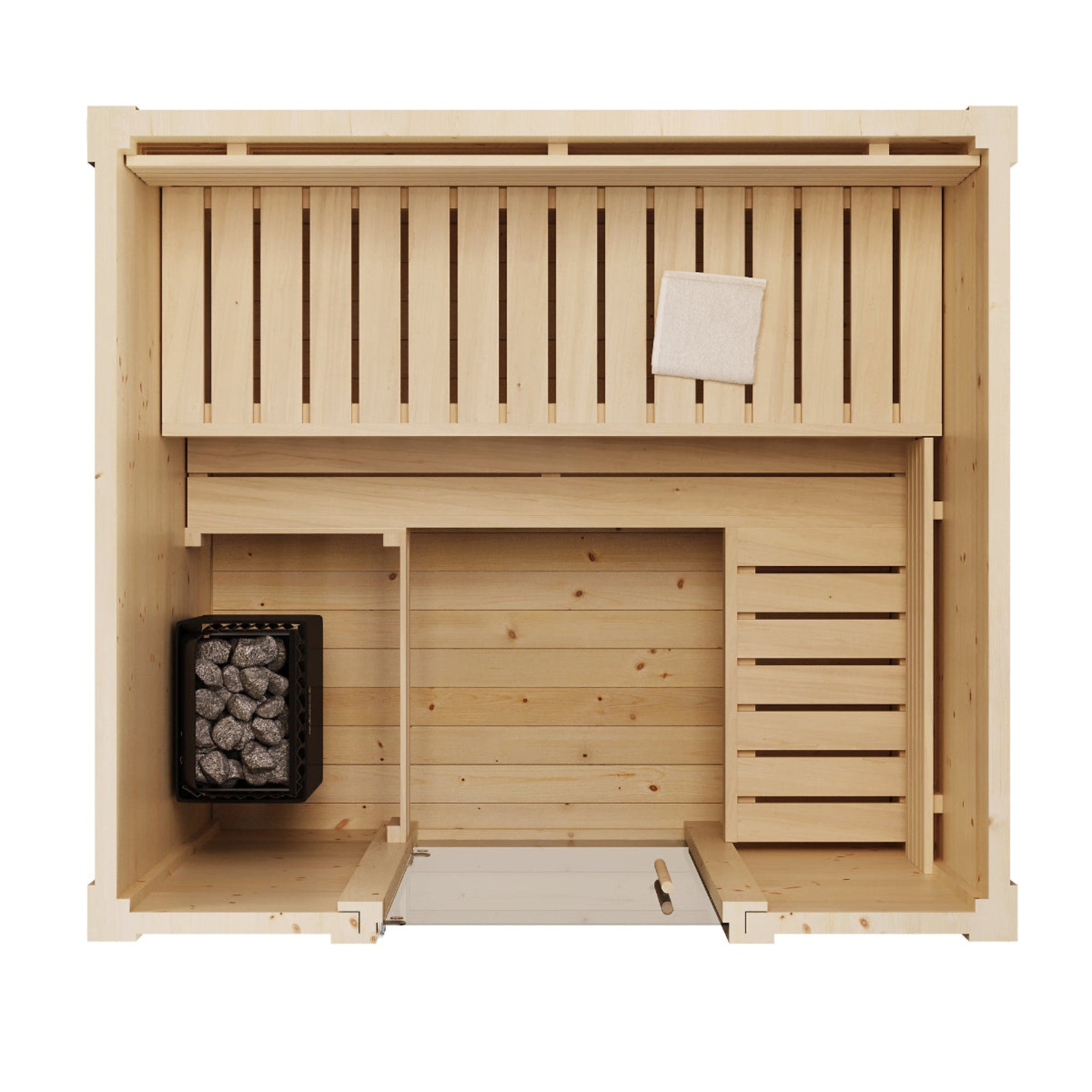 SaunaLife Model G2 outdoor sauna kit inside view looking down at floor