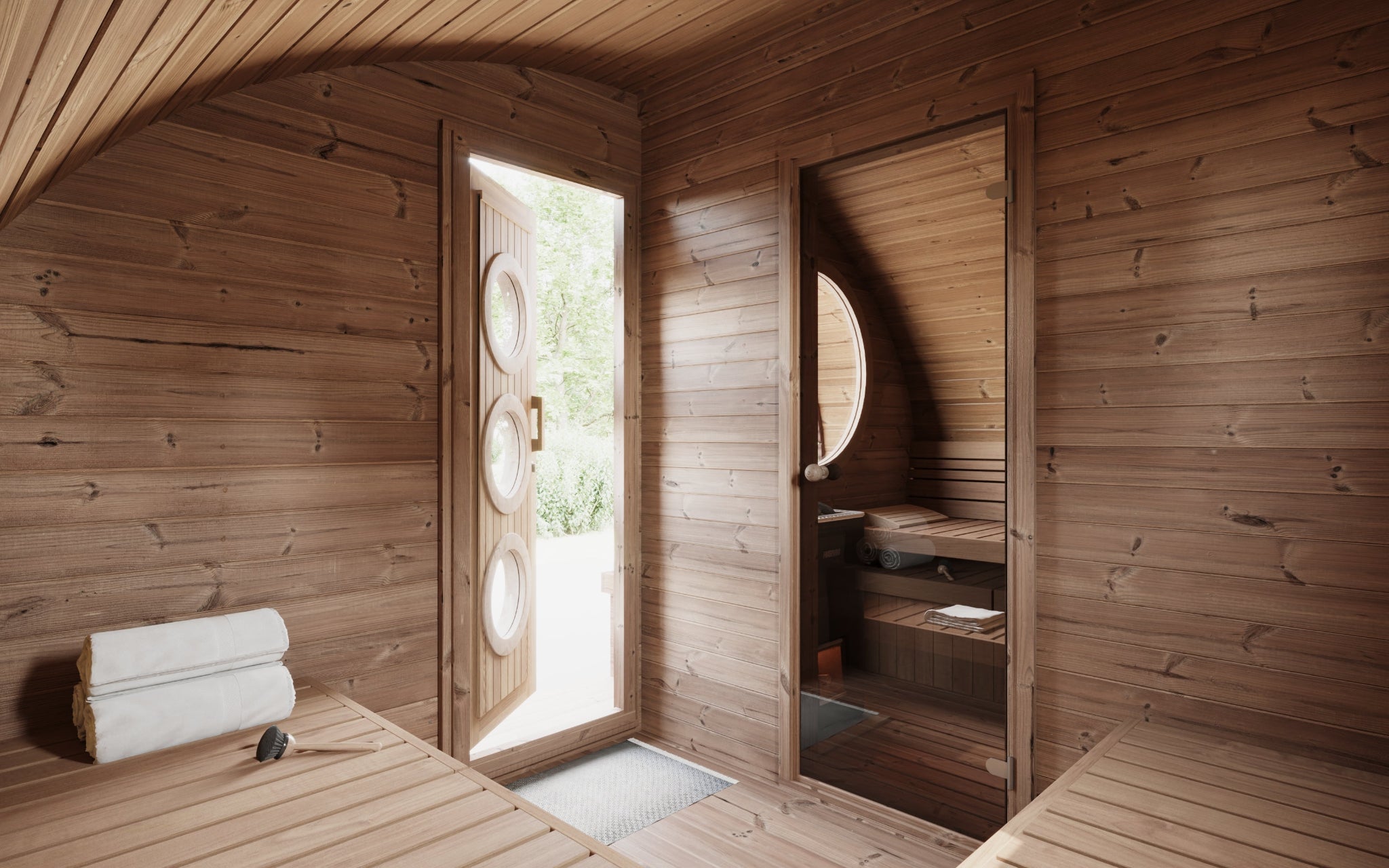 SaunaLife G11 Sauna interior – 8-person bench seating and wood paneling
