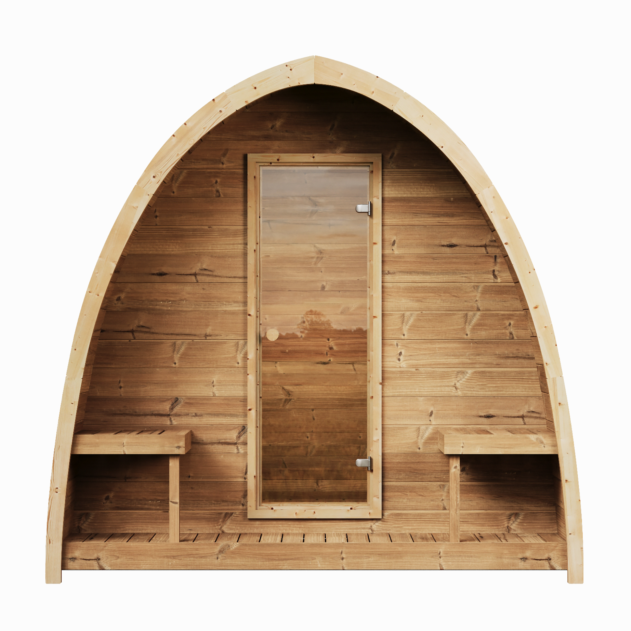 SaunaLife Model G3 Arched Outdoor Sauna – front view, Thermo-Pine exterior