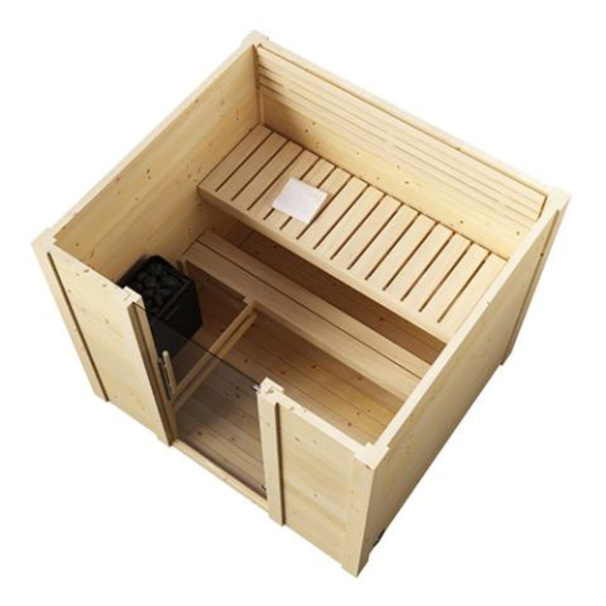 SaunaLife Model G2 outdoor sauna kit inside view looking down