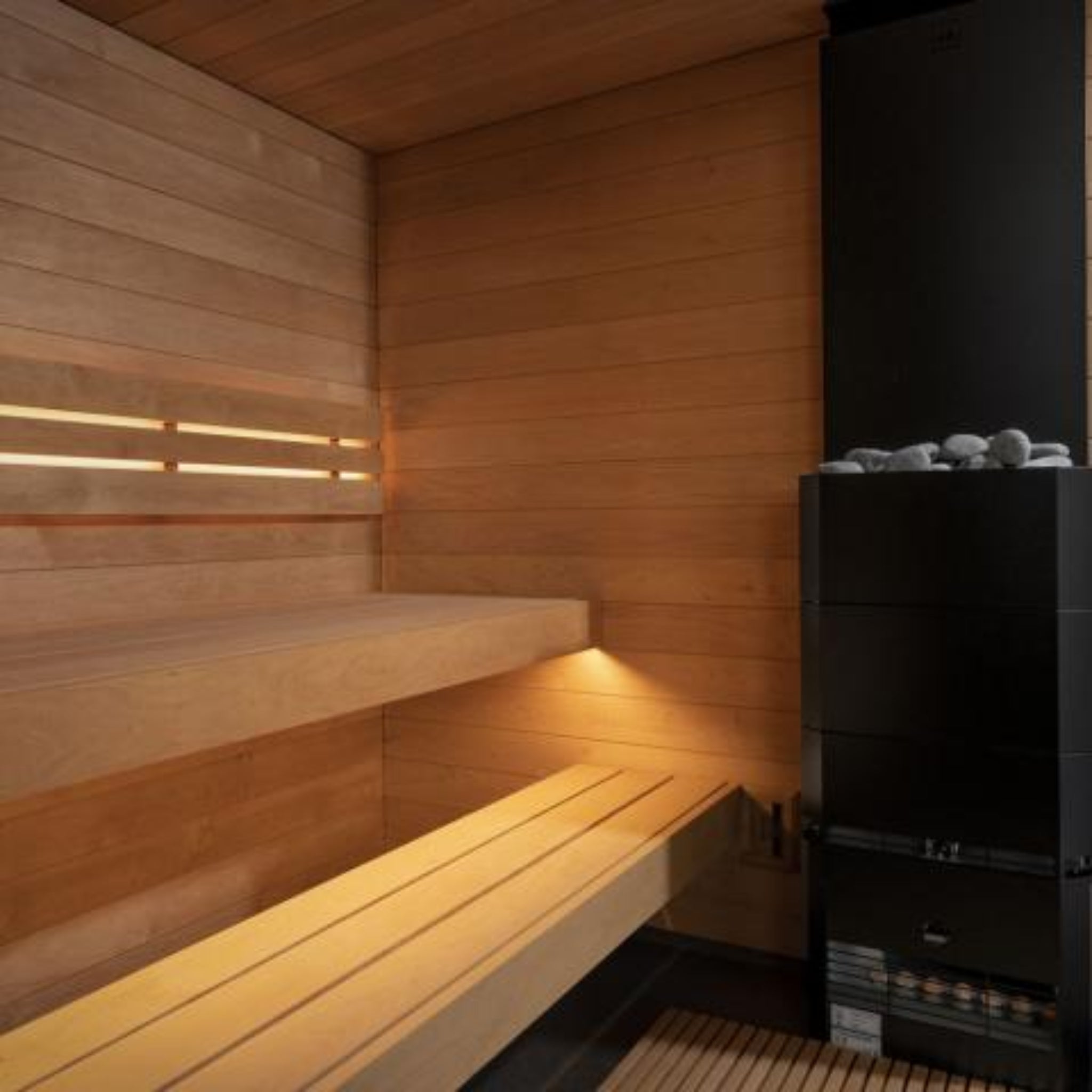 SaunaLife Model G6 pre-assembled outdoor sauna heater and bench view