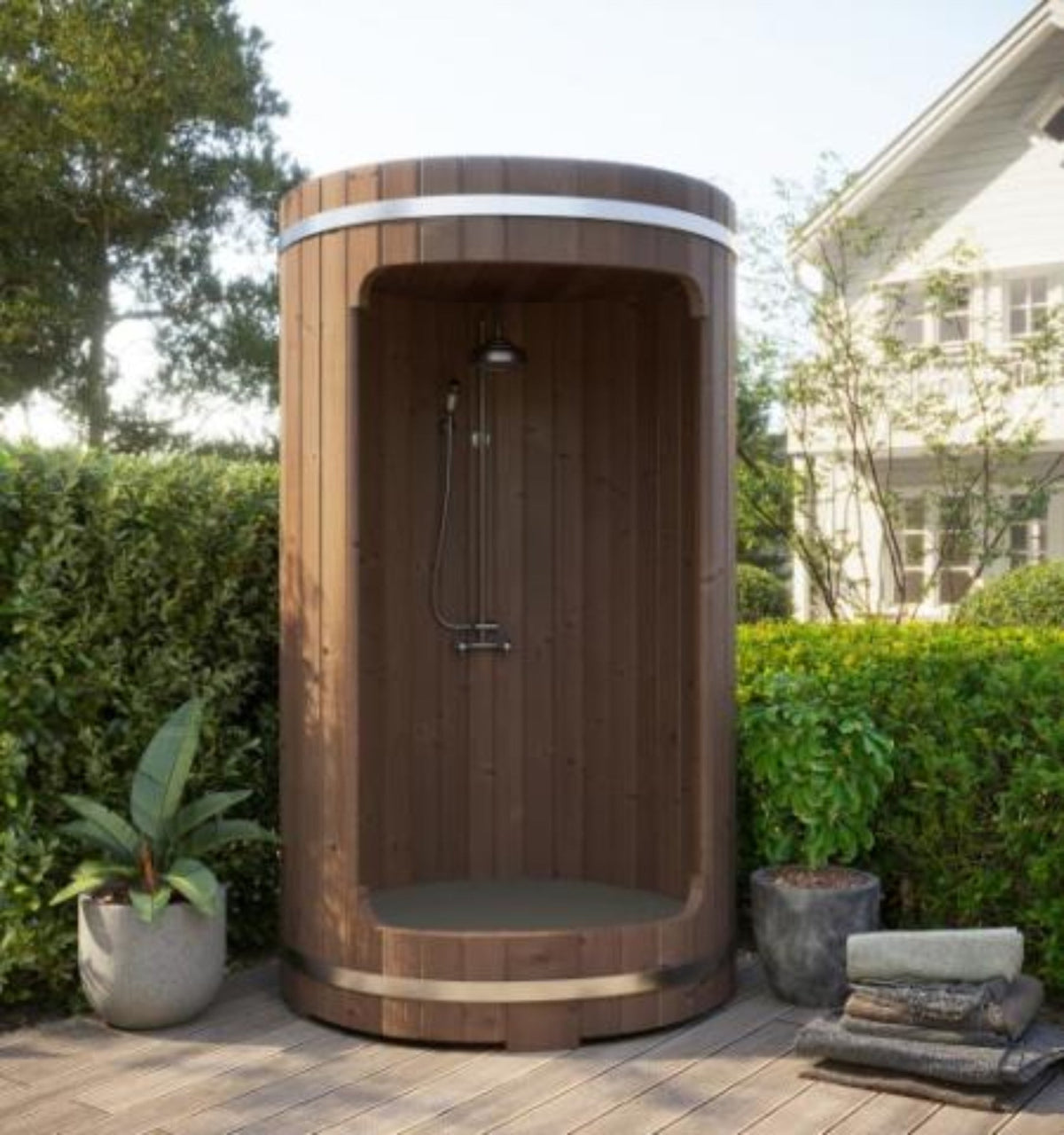 SaunaLife RAIN-Series Model R3 outdoor barrel shower featuring hot and cold outdoor shower functionality in thermo-spruce.