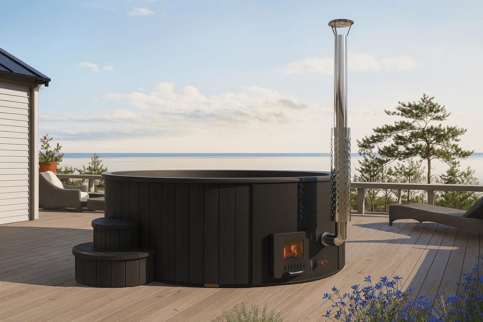 SaunaLife S4B Wood-Fired Hot Tub | 6-Person Off-Grid Outdoor Soaking Tub, Black