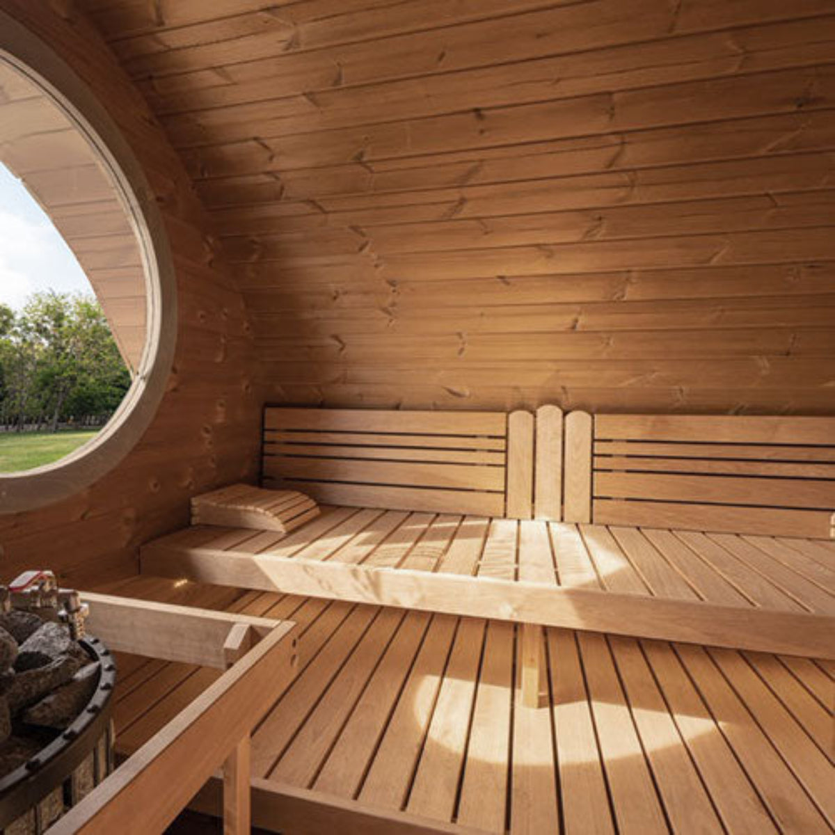 SaunaLife G11B outdoor garden sauna suite interior view of window and bench