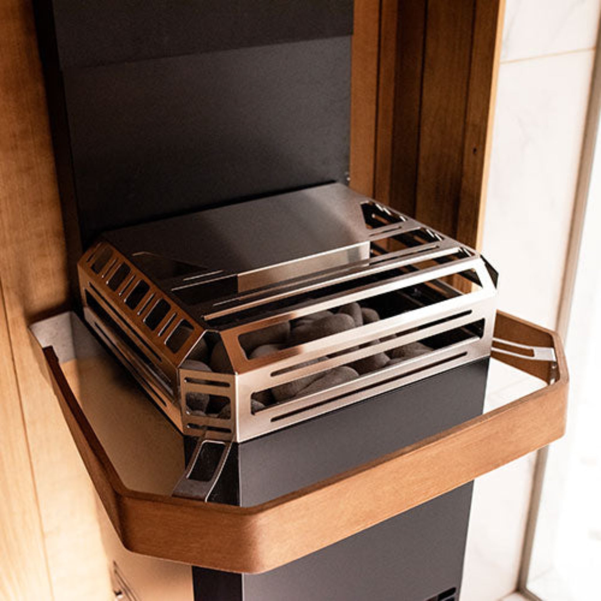 top view of Saunum Air sauna heater with guard rail