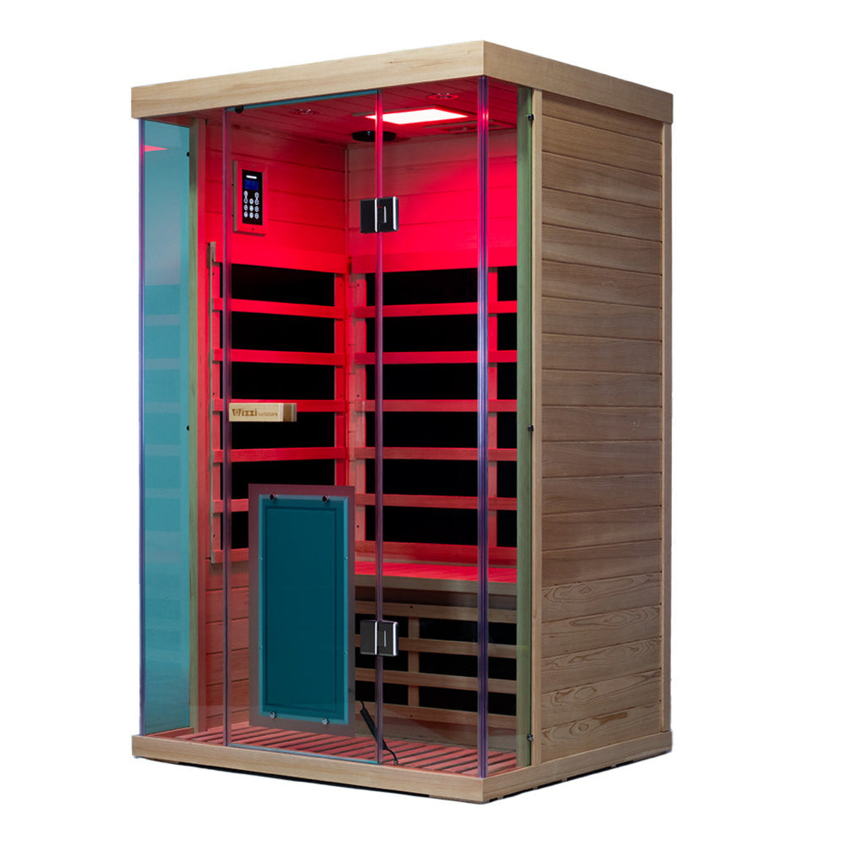 2-person infrared sauna hemlock in a modern design with transparent glass and red lighting, suitable for home wellness.