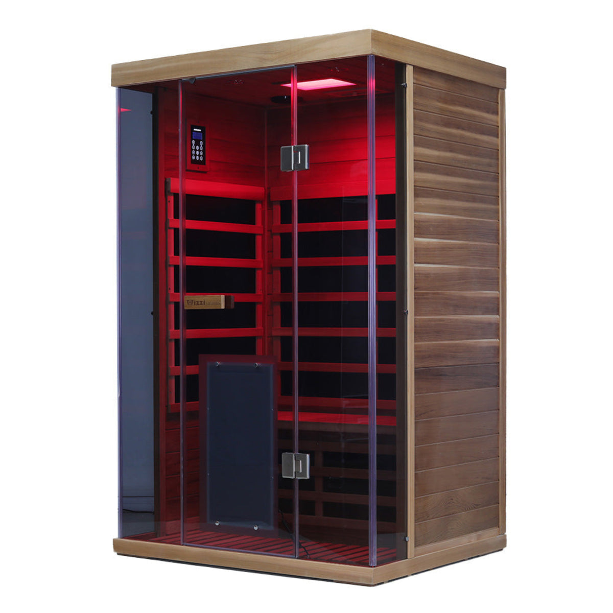 2-person infrared sauna red cedar with glass doors and red interior lighting, designed for relaxation and wellness.