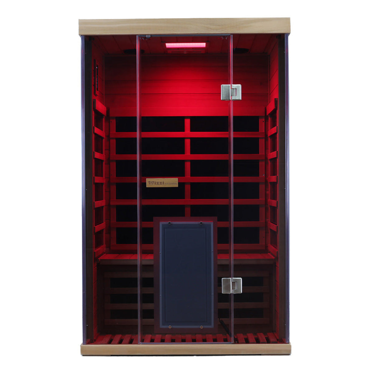 2-person infrared sauna red cedar | Wizzisaunas SR02 | full-spectrum design with red lighting and spacious interior.