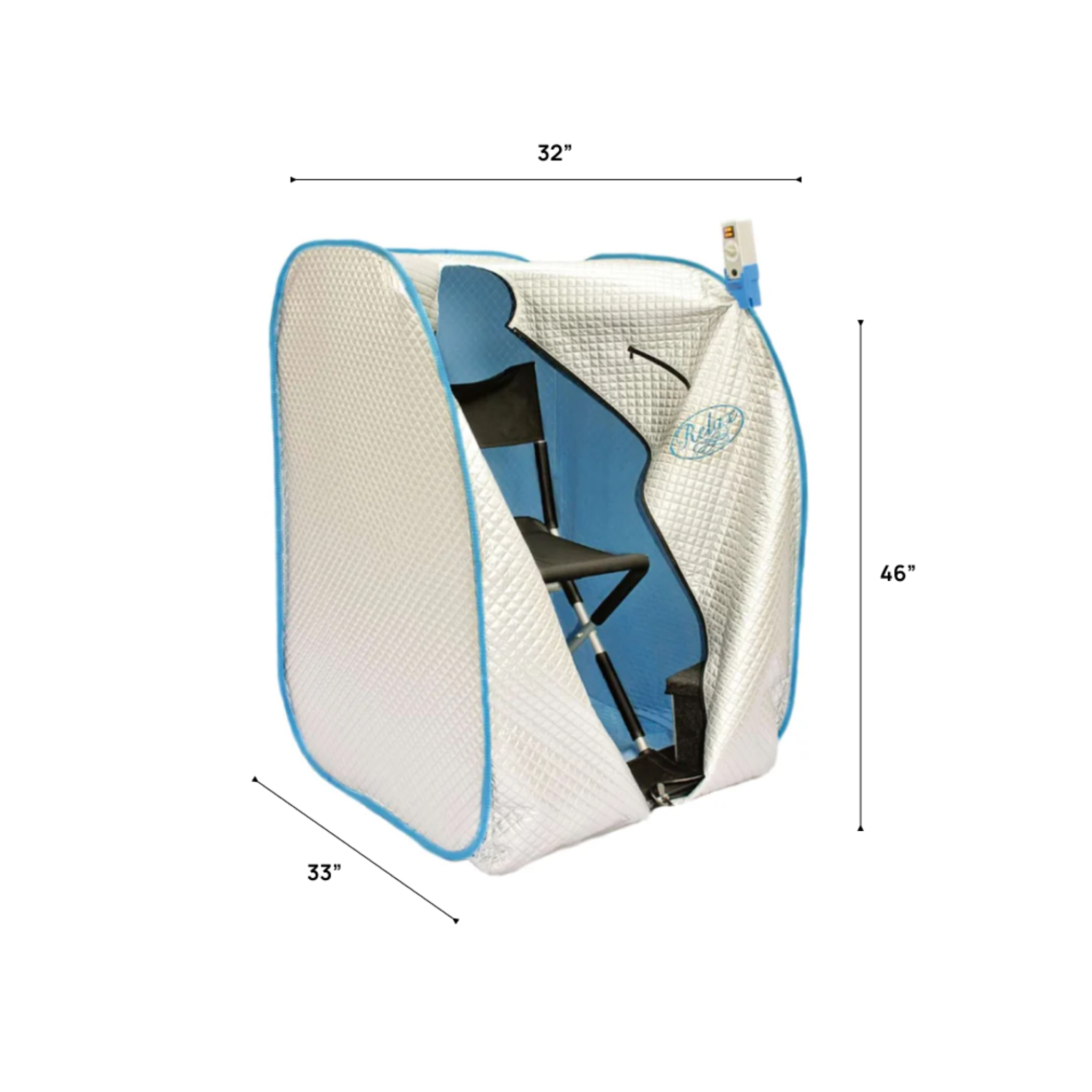 Silver Elite portable infrared sauna dimensions with a chair inside, showcasing the design and insulation