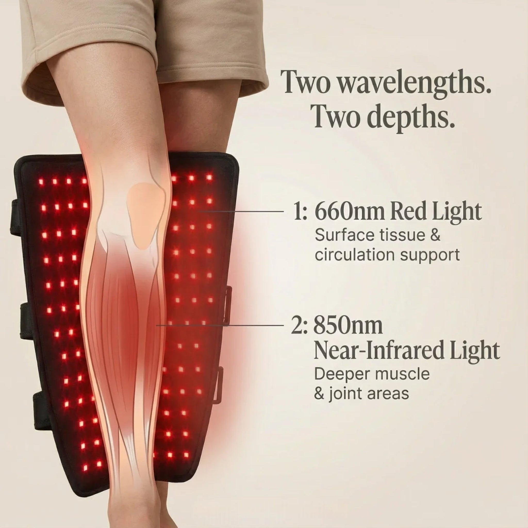 LED therapy device on a leg with red light and near-infrared light labels.