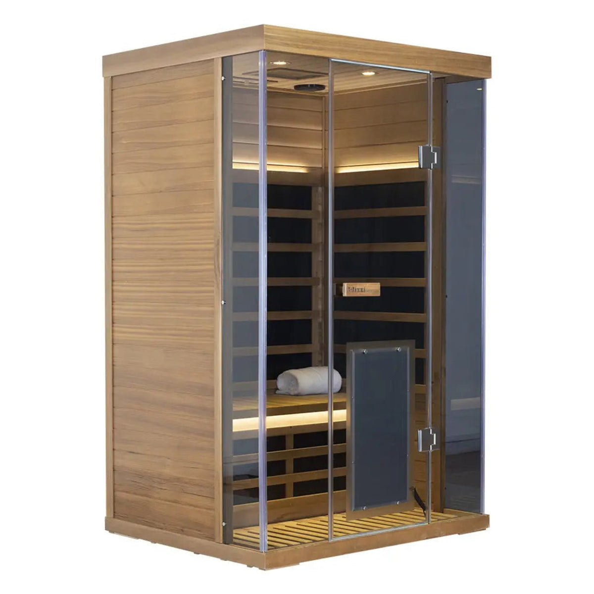 2-person infrared sauna hemlock by Wizzisaunas SH02 with glass doors and interior lights.