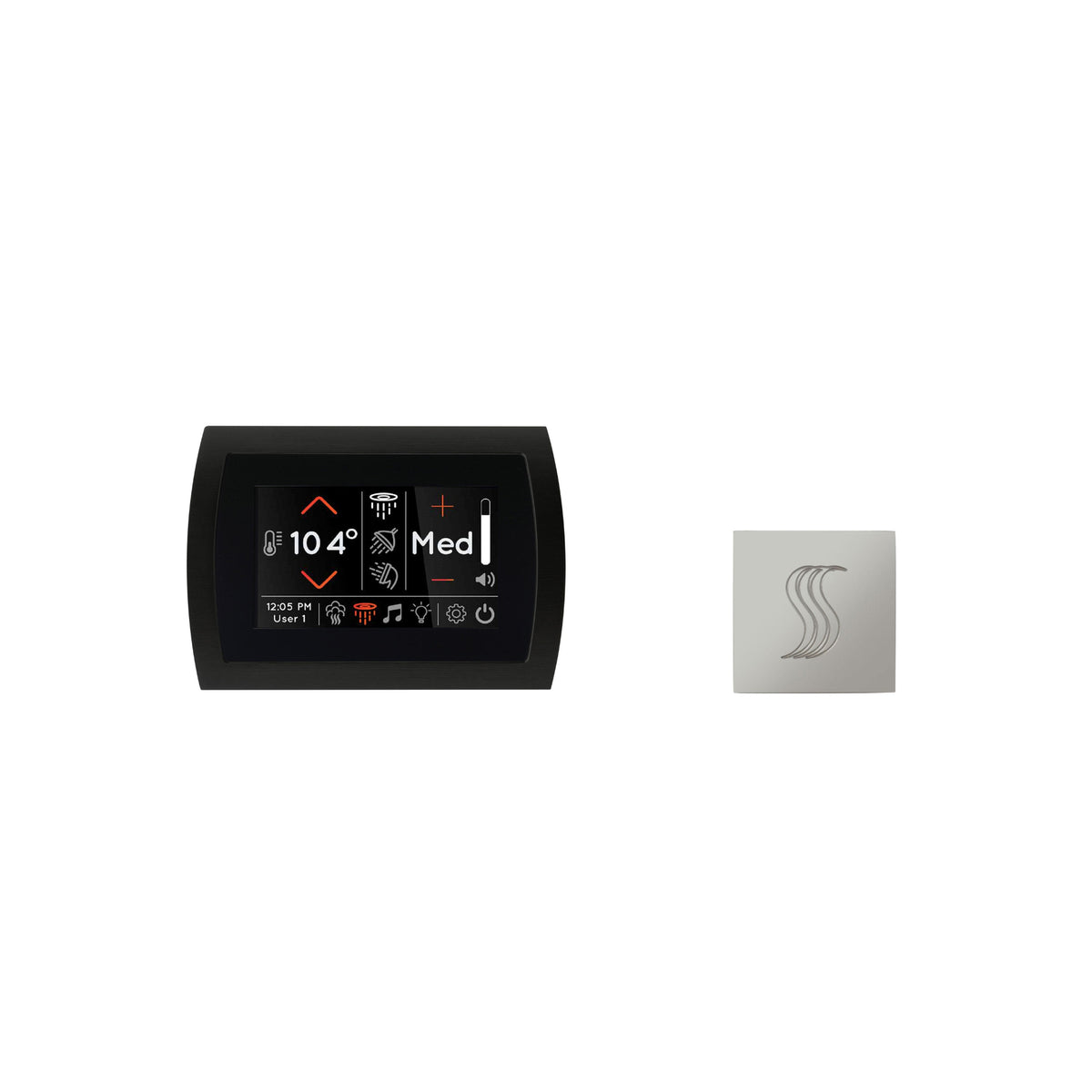 ThermaSol SignaTouch touchscreen steam head kit display alongside stainless steel steam head.