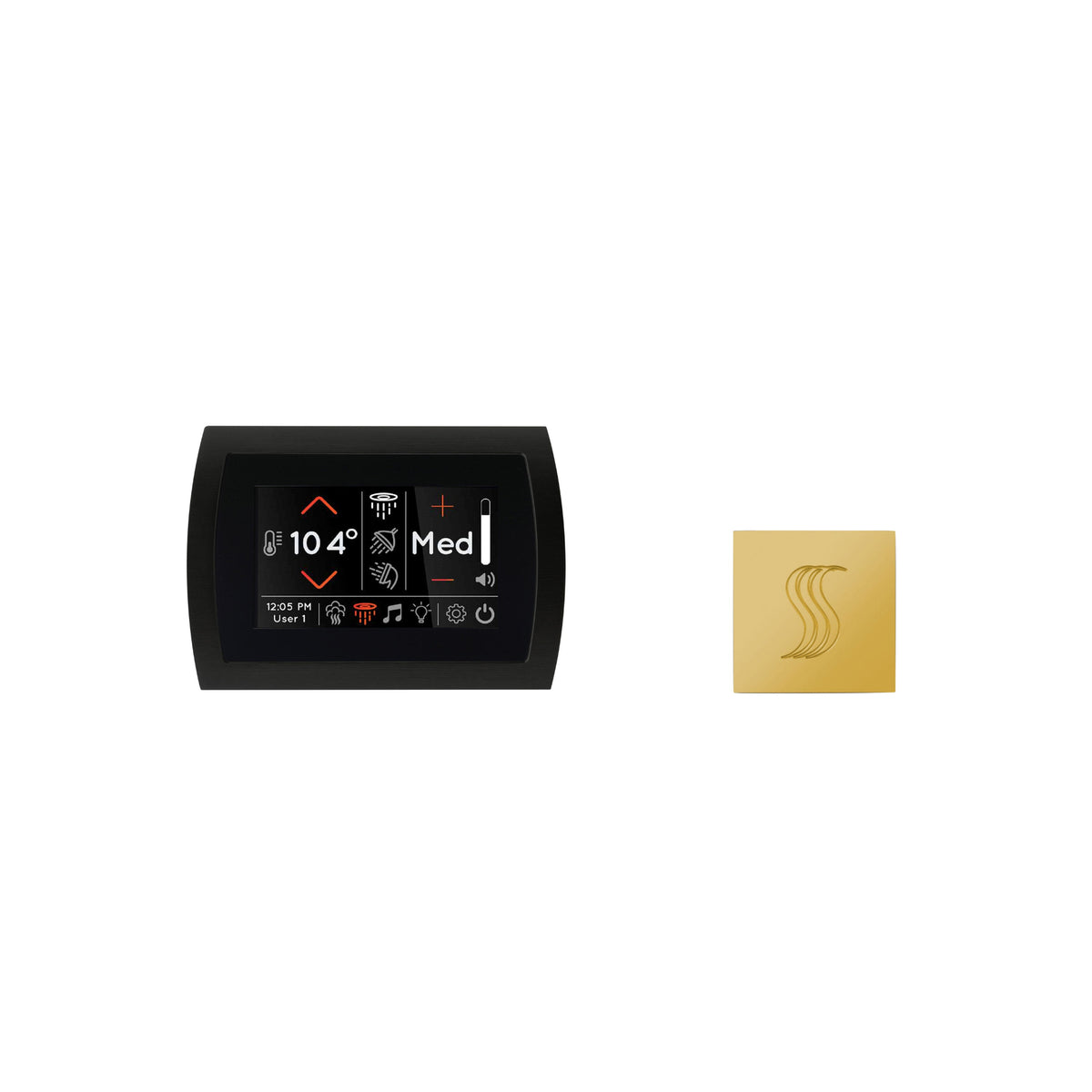 ThermaSol SignaTouch steam head kit featuring a 5-inch touchscreen and gold SteamVection steam head design.