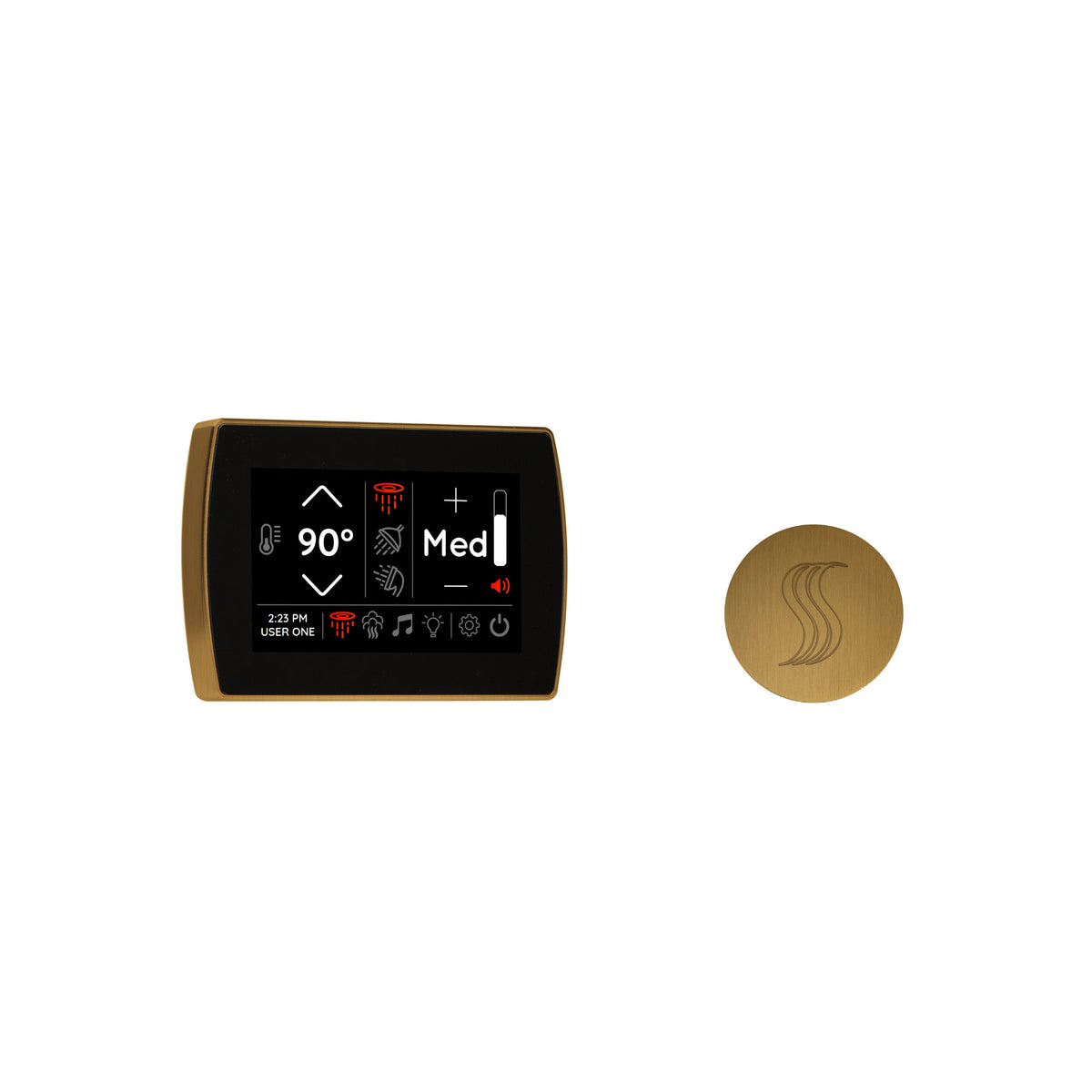 ThermaSol SignaTouch + SteamVection Steam Head Kit | 5" Touchscreen | 15 Finishes displayed on a gold touchscreen panel.