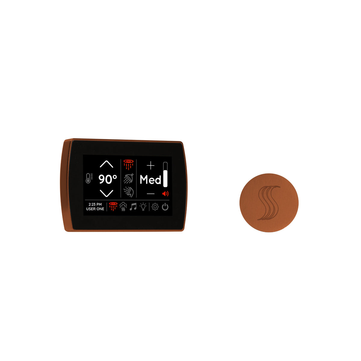 ThermaSol SignaTouch + SteamVection Steam Head Kit | 5" Touchscreen | 15 Finishes displayed with a sleek interface and control knob.