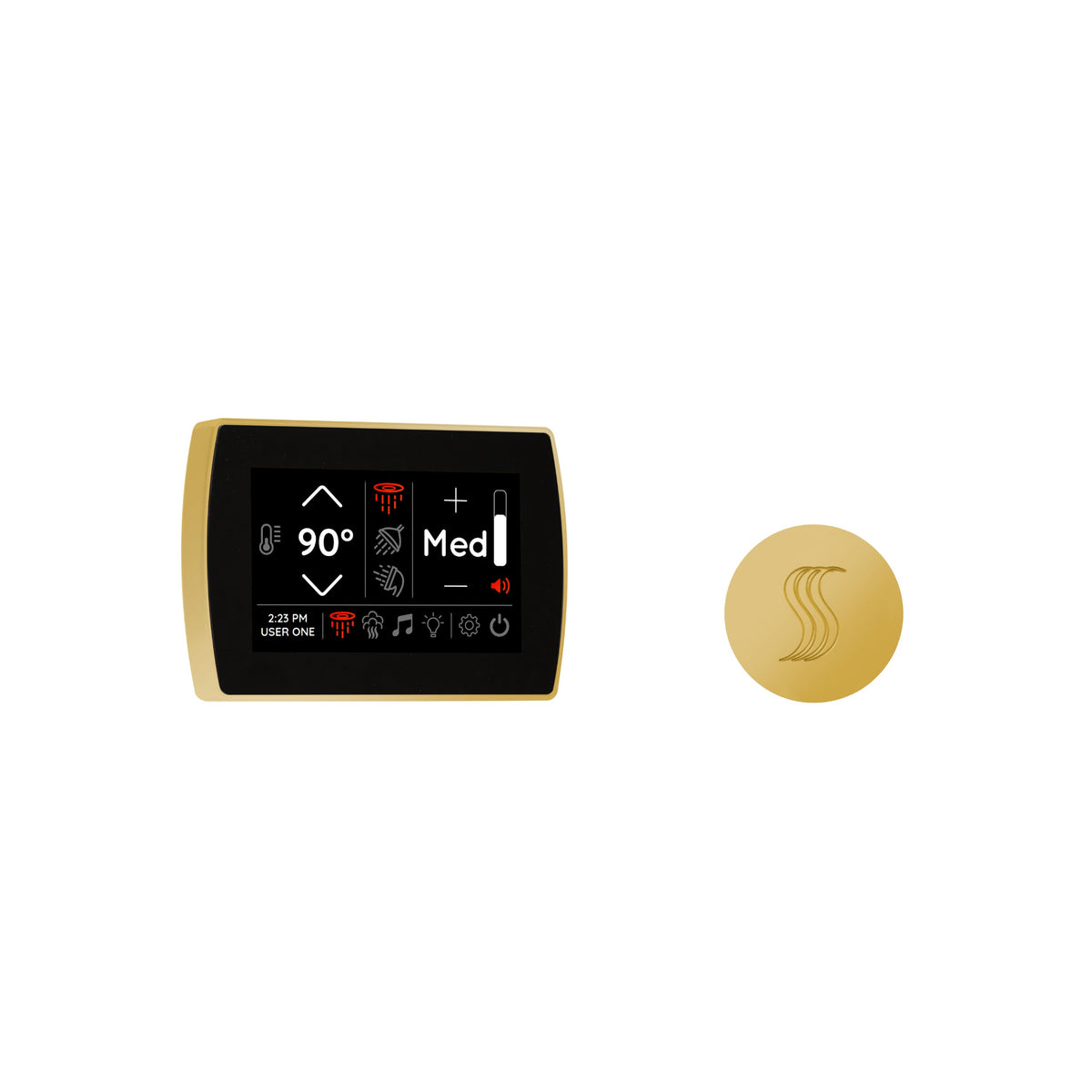 ThermaSol SignaTouch touchscreen steam head kit display with SteamVection control in gold finish