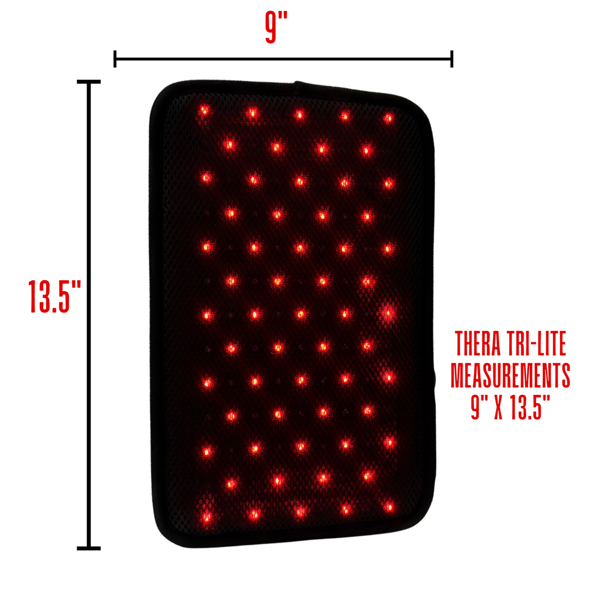 Therasage Tri-Lite™ Red Light Therapy Panel with measurements 9" x 13.5" illuminated by red light