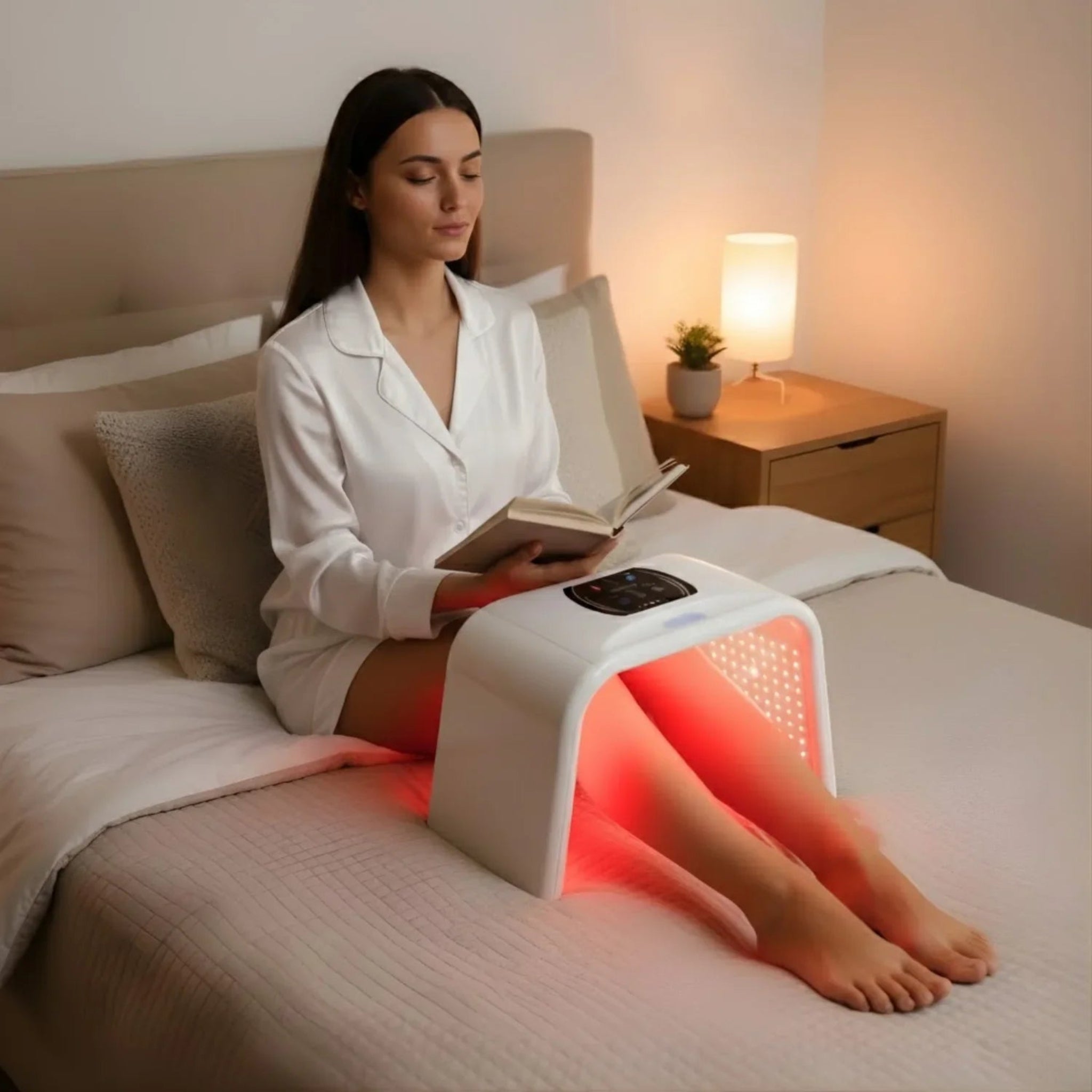 Woman using  Nicebeam light therapy device on her legs in bed