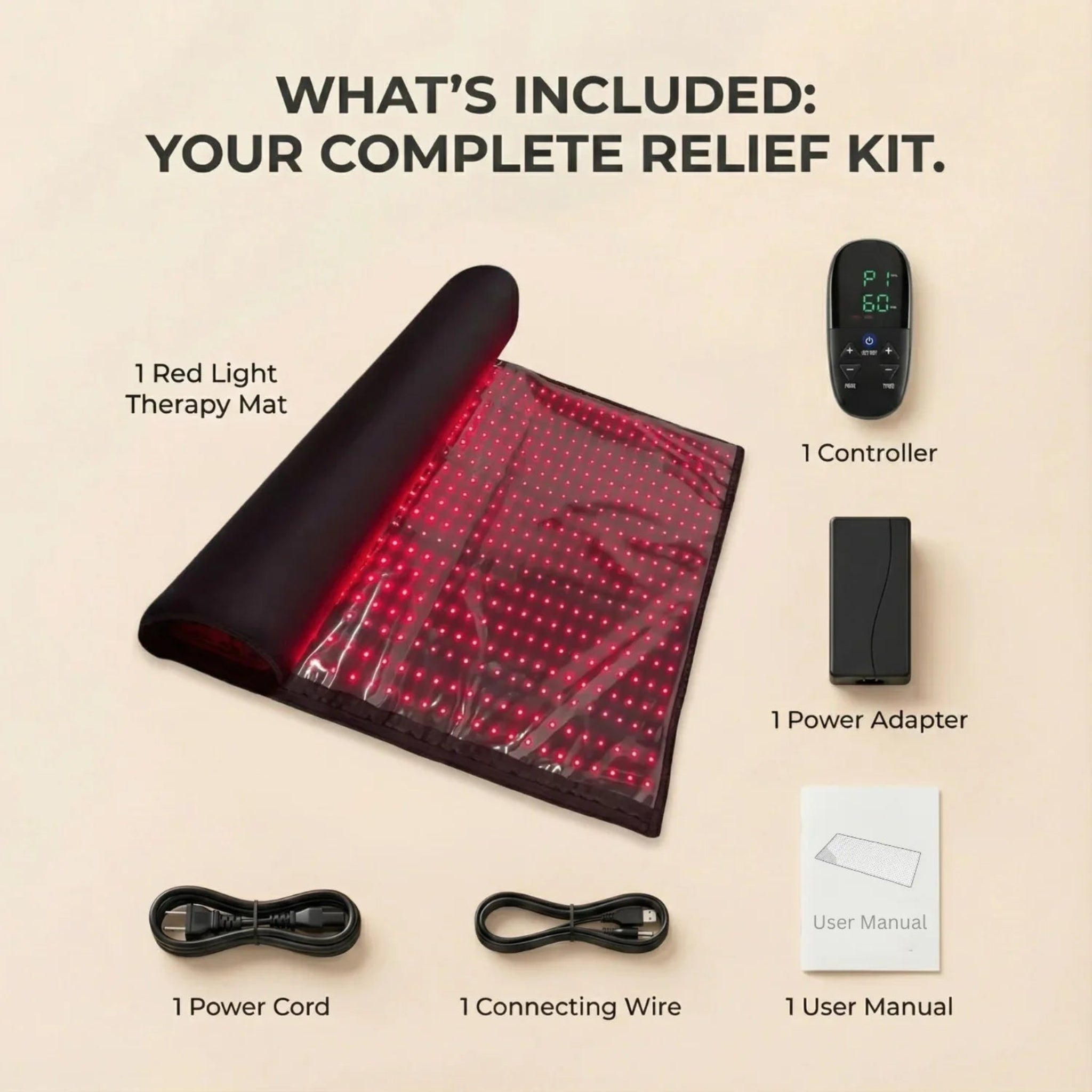 Red light therapy mat with controller, power adapter, power cord, connecting wire, and user manual on a beige background.