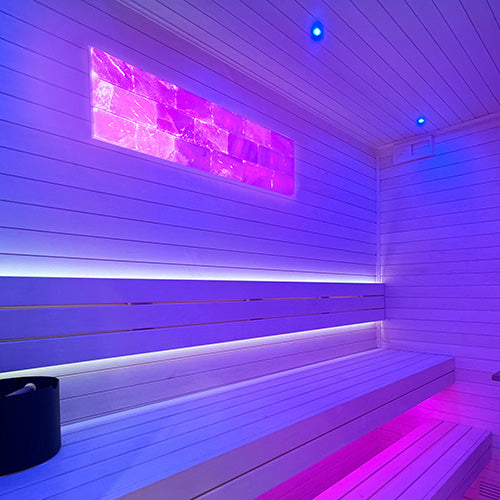 Infrared sauna with LED lighting with PROSAUNAS Small Himalayan Salt Light Feature